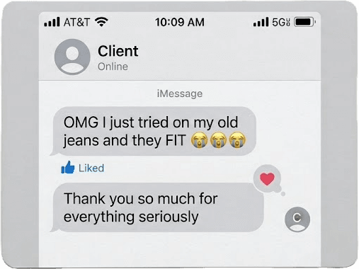 Text message testimonial screenshot that will disappear from feed